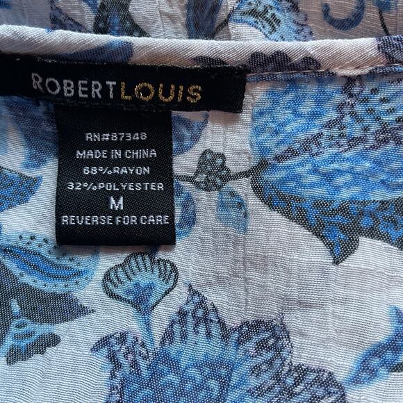 Robert Louis White/Blue Floral Boho/Peasant/Cottage Short Bell Sleeve M - Picture 4 of 6